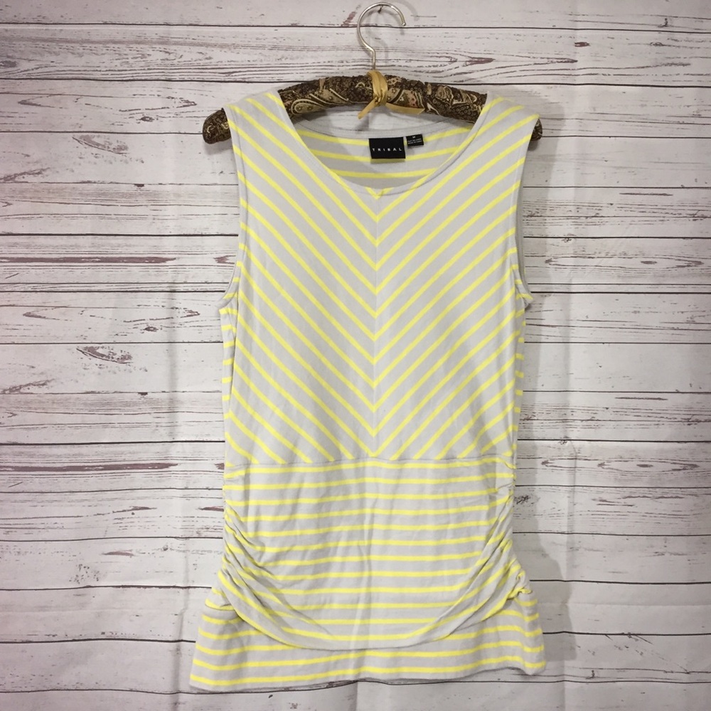 Tribal Womens Gray Yellow Striped Casual Top M